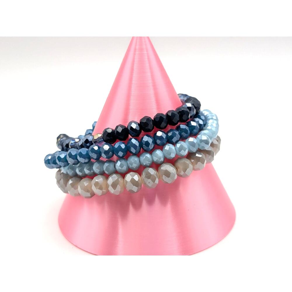 LIZAS Crystal Beaded Stretch Bracelet Set Blue Neutral Faceted Glass 7in Lot 4